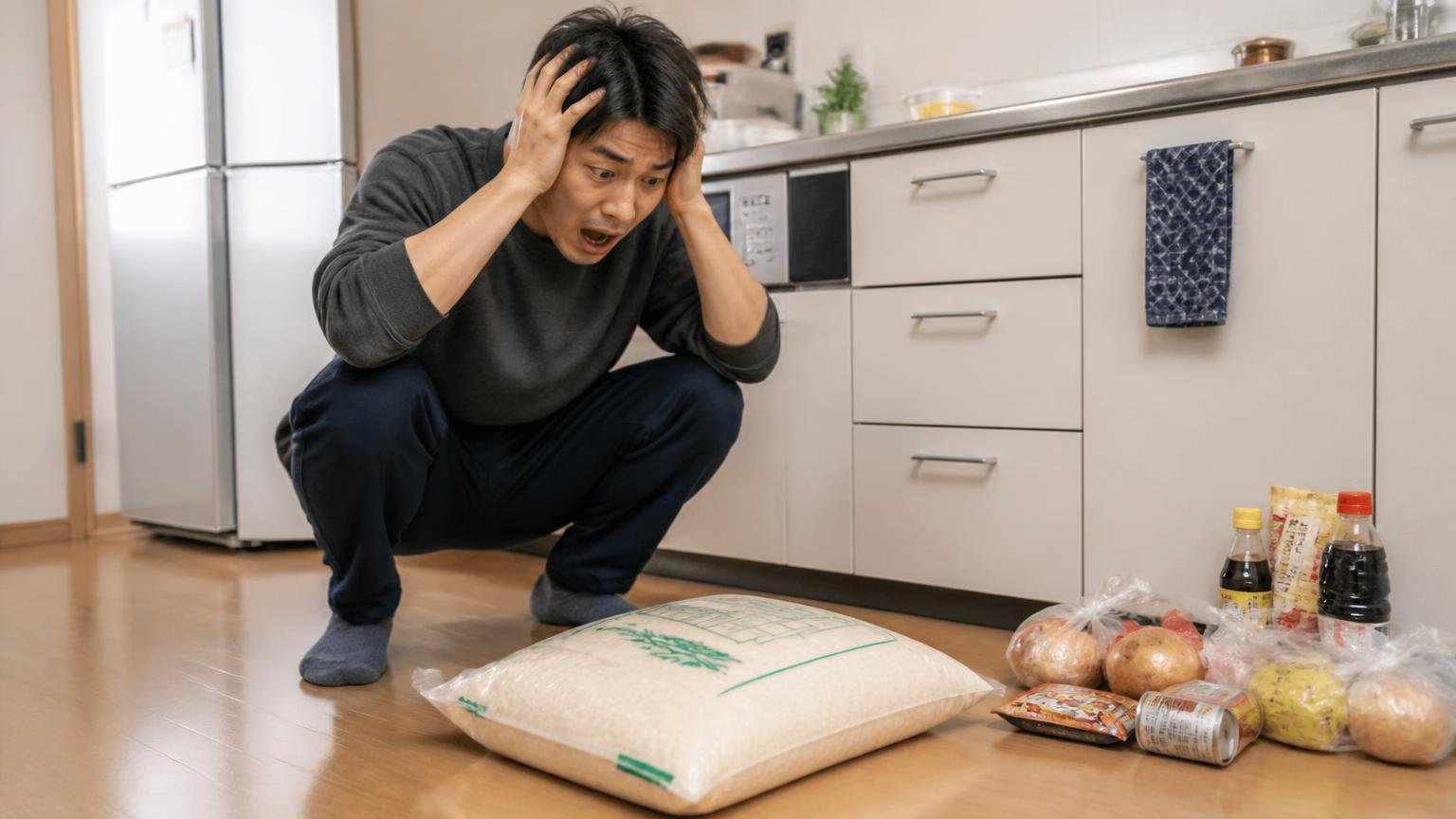 周辺に別のエサ。台所の床に置いた米袋を見つけて頭をかかえる20代男性
