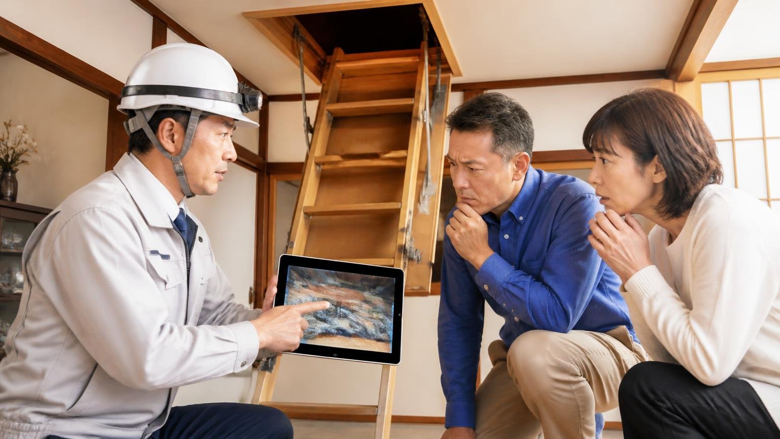 迷ったらまず見てもらうがいちばん安全。古民家の小屋裏点検口の前で作業員1人が住人2人に写真を見せて説明