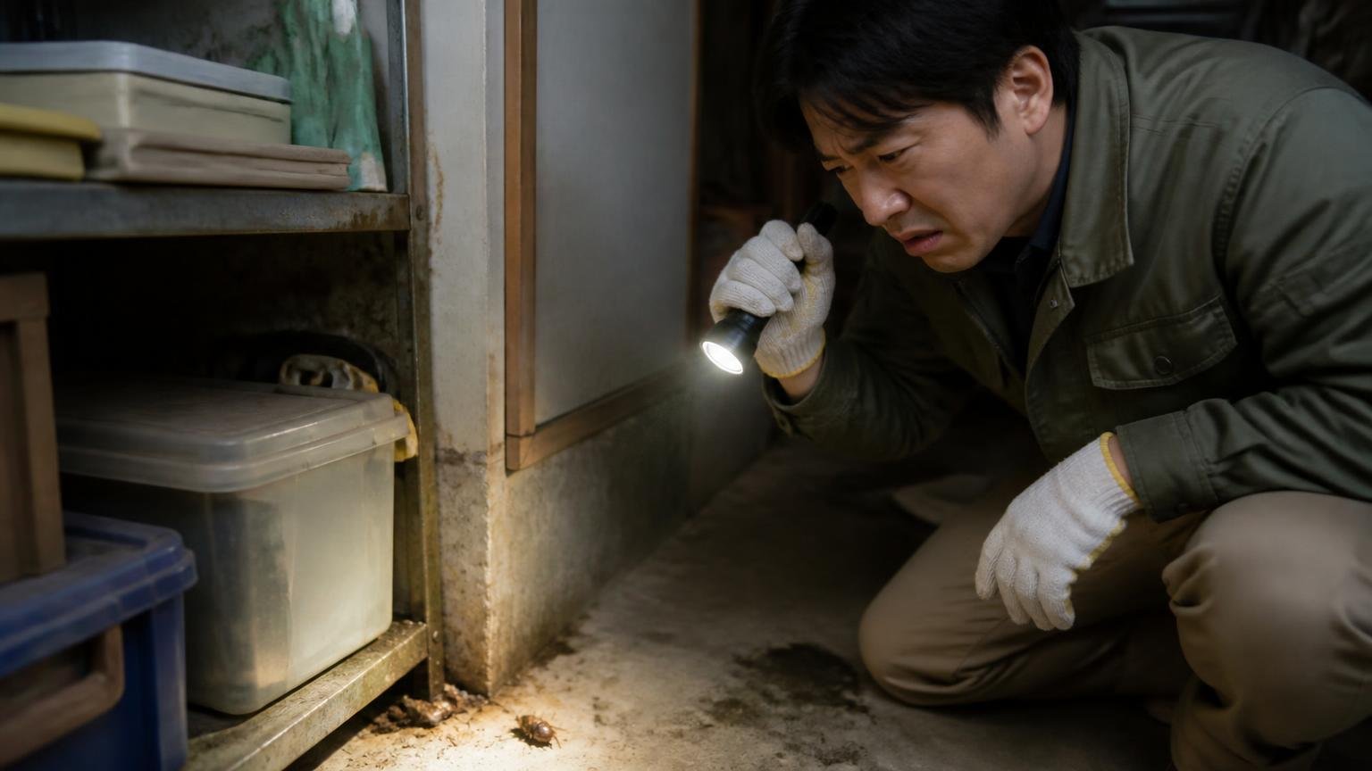 減り方の変化と死骸の有無を確認、薄暗い物置の隅で軍手の男性1人が懐中電灯を向けて顔をしかめる
