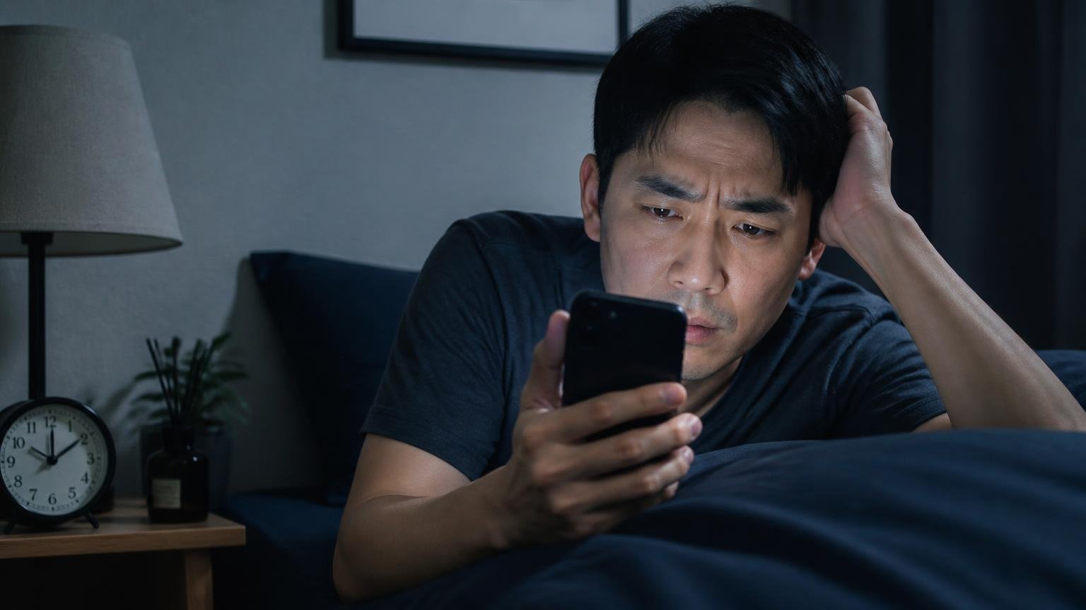 時間帯を何時何分で記録する。深夜の寝室でスマホの時計を見る男性1人が眉をひそめる表情