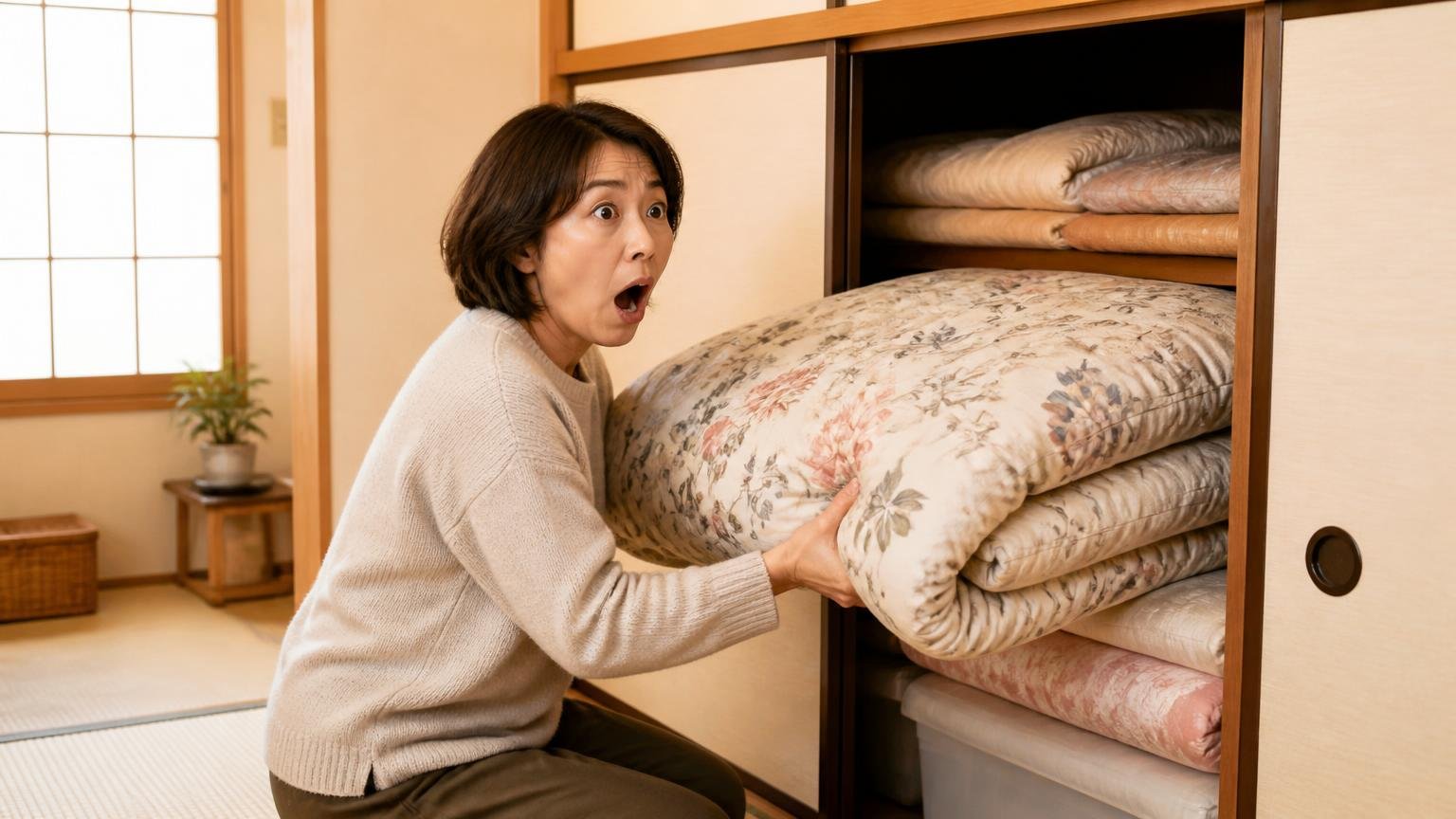 秋に押し入れを開けると見つかりやすい理由。木造戸建ての和室で女性1人が冬布団を出す