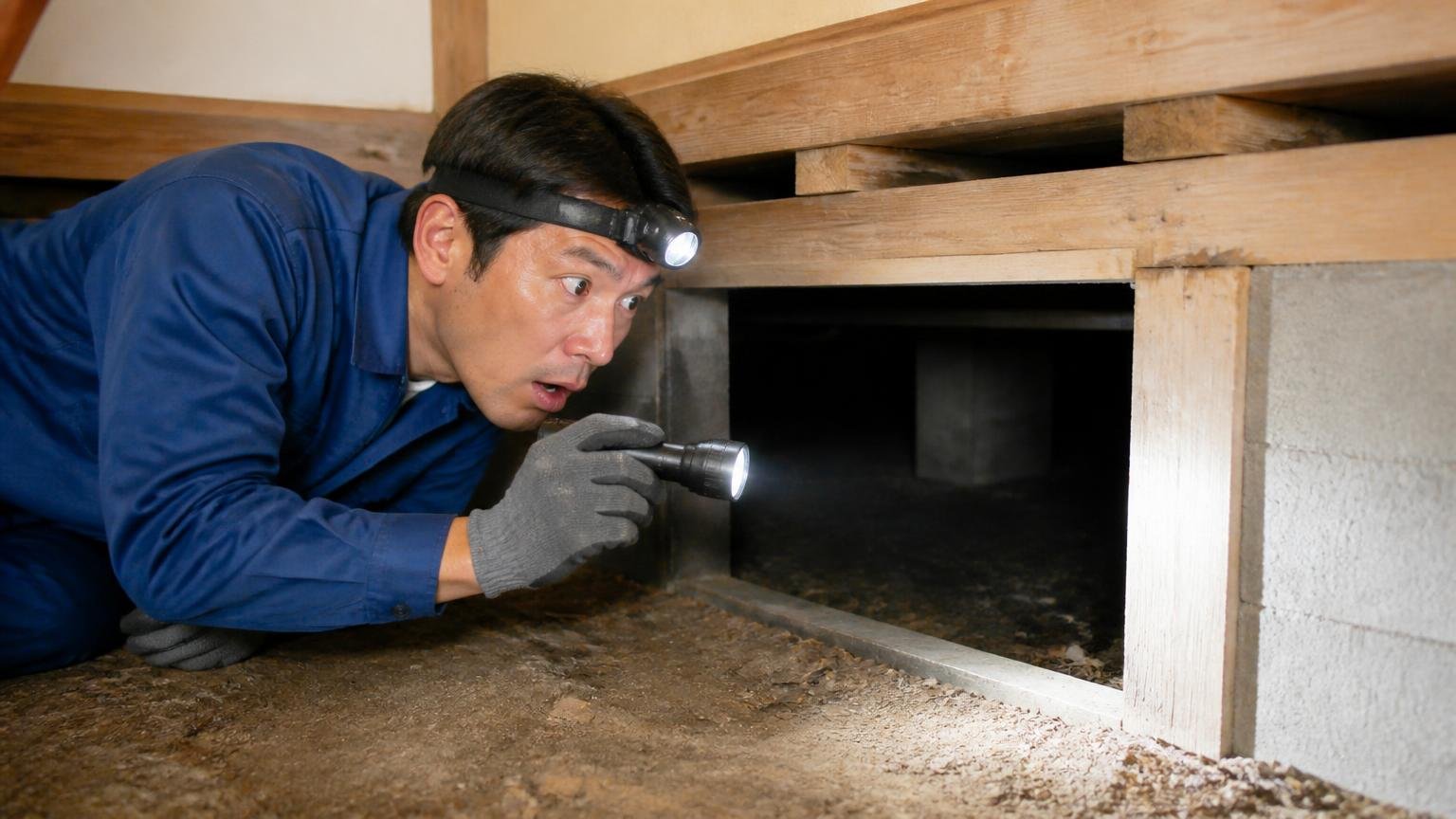 床下の隙間という入り口を発見。住宅の床下でヘッドライトを付けた作業員が隙間を懐中電灯で照らす