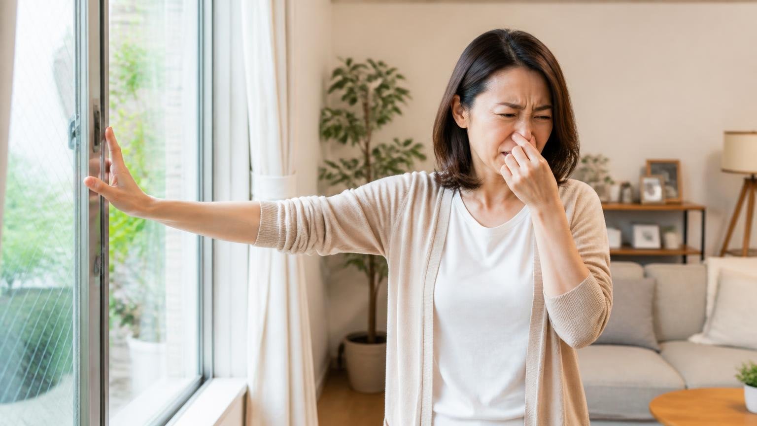 強いにおいは効果の源であり弱点でもある|住宅のリビングで30代女性が鼻をつまみ窓を開けて換気する