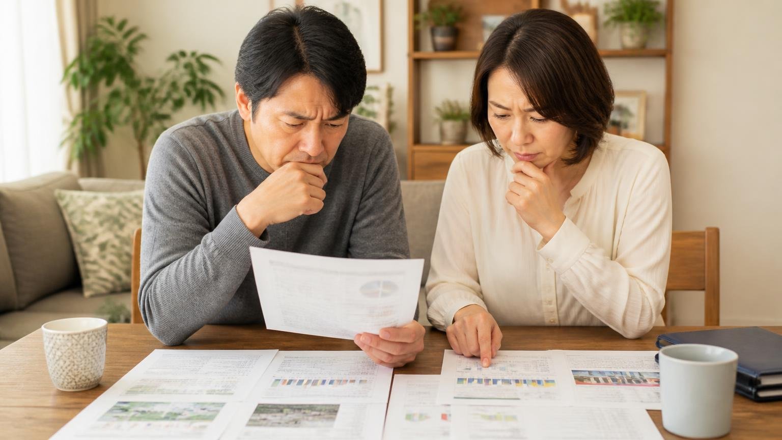 公的機関によるモグラ対策の評価一覧|リビングのテーブルで資料を広げて確認する夫婦2人