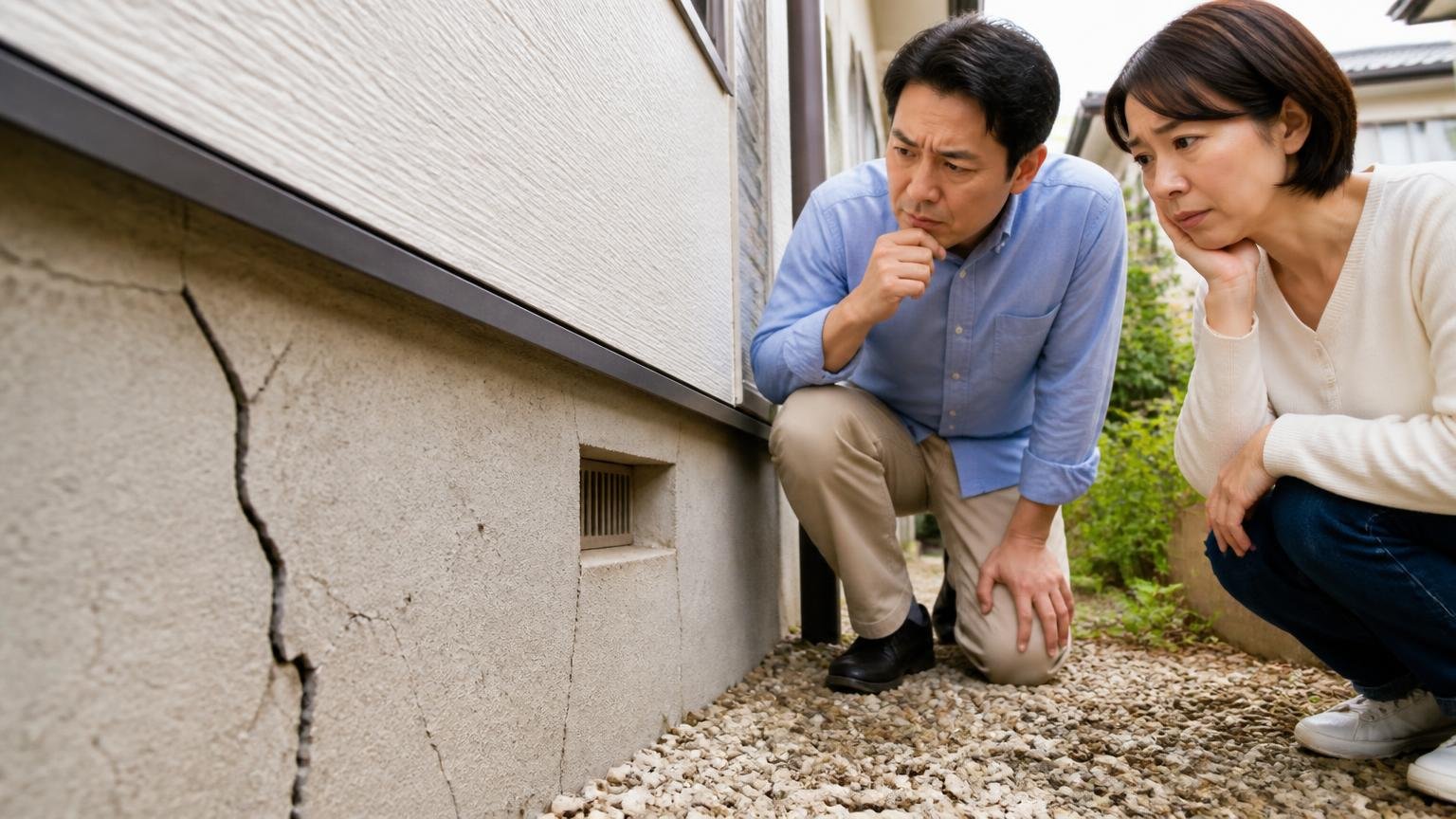 「家が傾くのでは」という不安への答え 戸建ての基礎まわりを見上げる夫婦2人が心配そうな表情