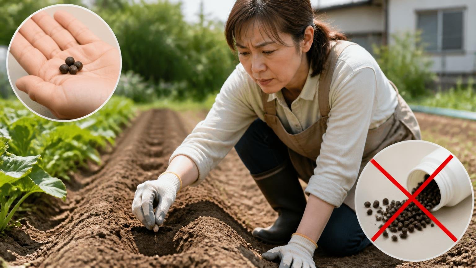 正露丸の入れ方の目安とやってはいけないこと、家庭菜園の畝の脇、女性1人、手袋をして穴に粒を落とす慎重な表情