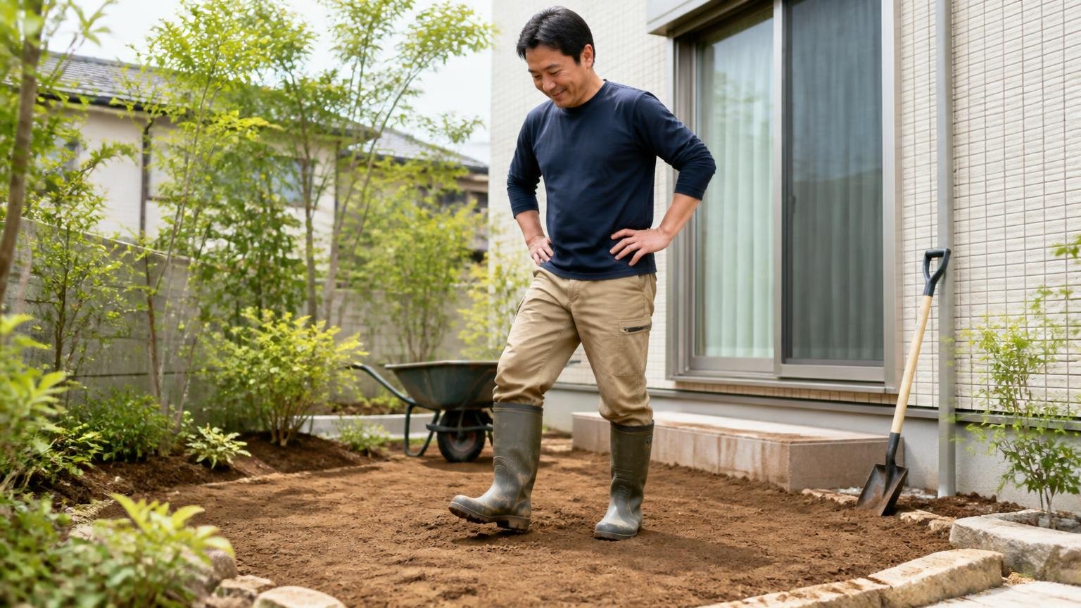 土を戻して踏み固め匂いを閉じ込める、住宅の庭で男性1人が長靴で土を踏み固め満足げ