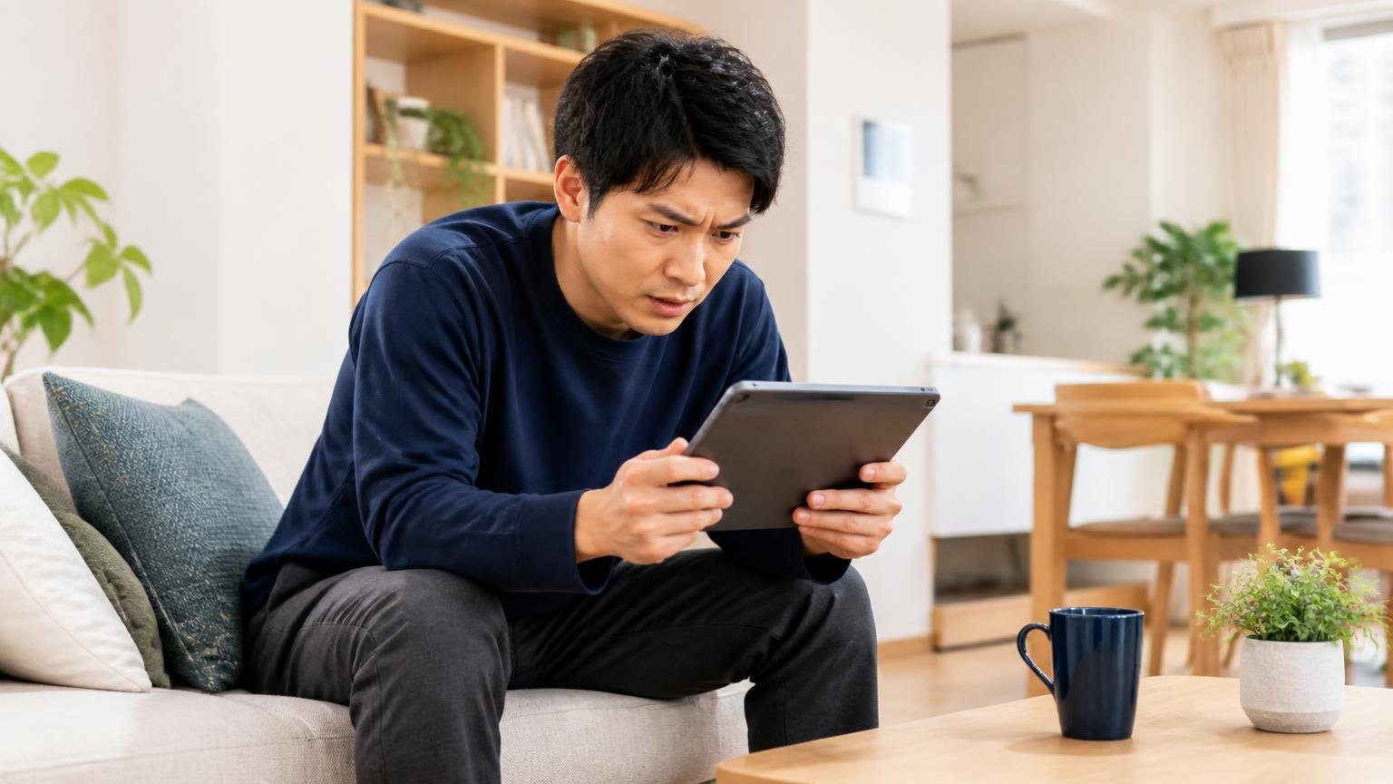 口コミの返信内容を読む。住宅のリビングでタブレットを持つ男性1人が身を乗り出して確認する