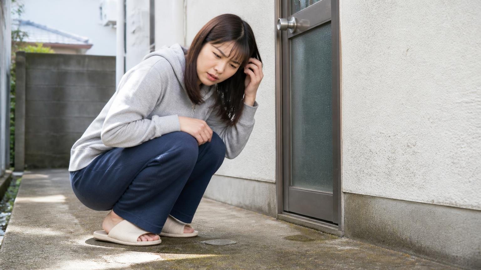 一時的に消えたと解決したを読み違えない。早朝の勝手口前で女性1人がしゃがみ地面を確認し首をかしげる