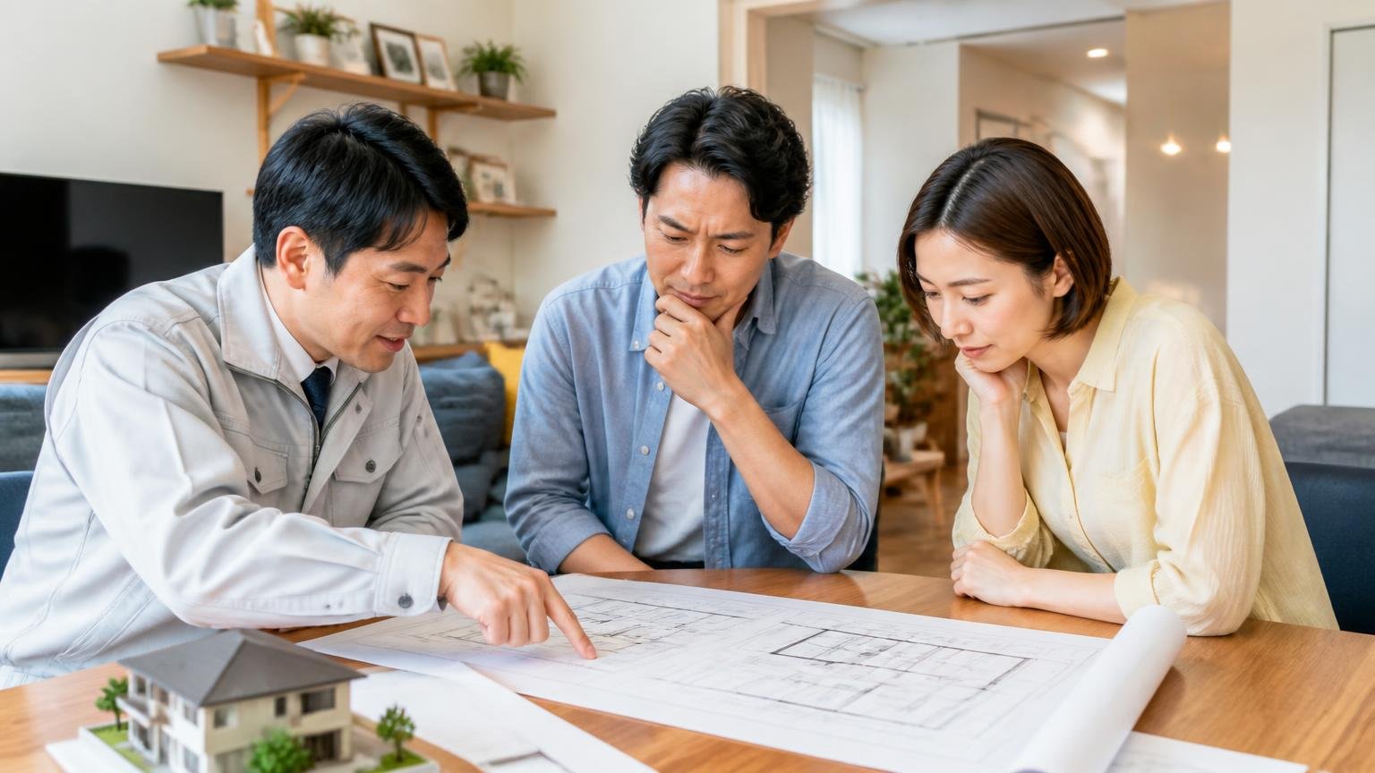 判断がつかない時は無理に自分で決めなくていい|リビングで作業員と打ち合わせ|男女3人が図面を見ながら相談