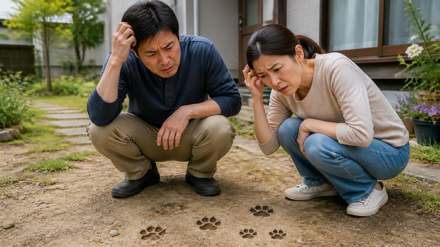 相手の種類を取り違える|住宅の庭先にしゃがみ込んで動物の足跡を見比べる男女2人が首をかしげて悩む