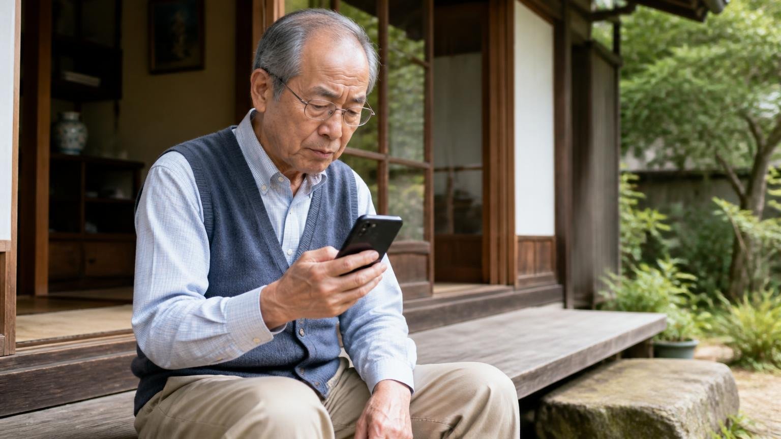 高評価でも断定を避ける声。古い民家の縁側でスマホのレビューを読む70代男性が真剣な表情でうなずく