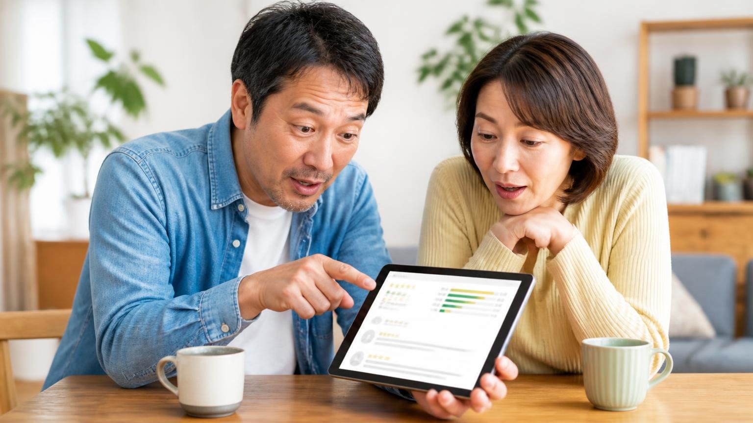 数字で見る評価の内訳 リビングのテーブルでタブレットのレビュー一覧を指さす40代男性と隣で覗き込む女性
