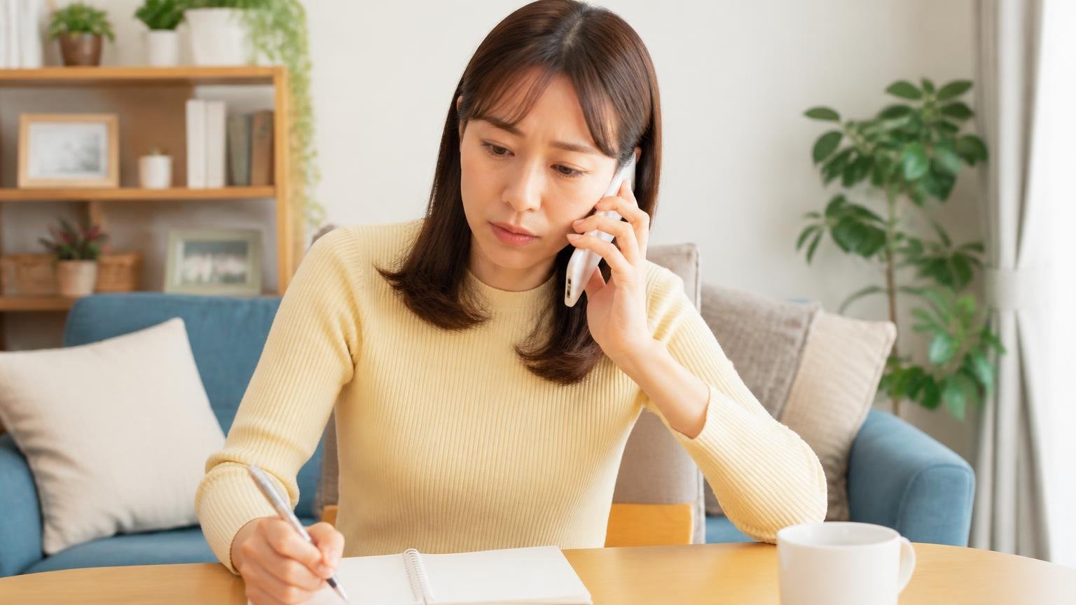 買う前に相談する 自宅リビングで女性1人が電話を耳に当てメモを取りながら真剣に聞き入る