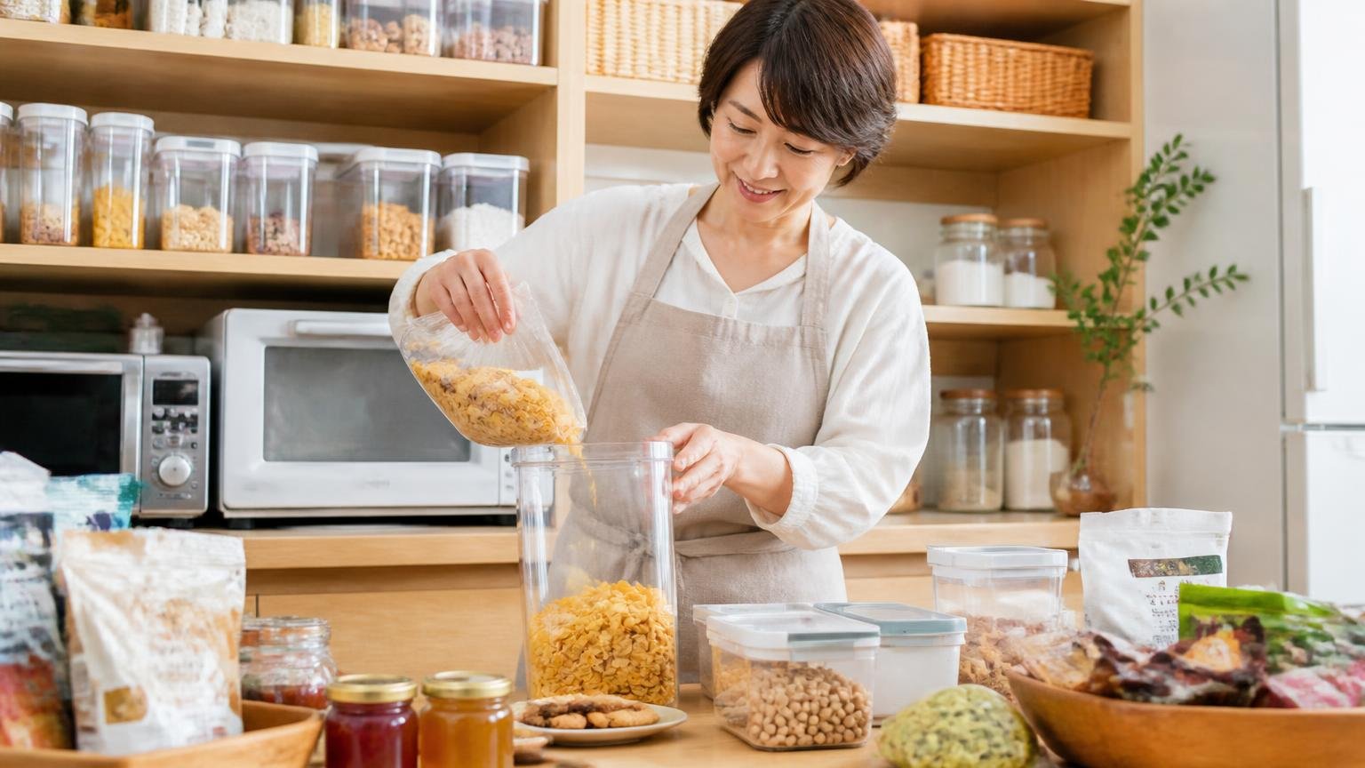 周りにもっとおいしい食べ物がある 住宅のキッチンの棚まわり 主婦1人 食品を密閉容器に移し替えて片づける