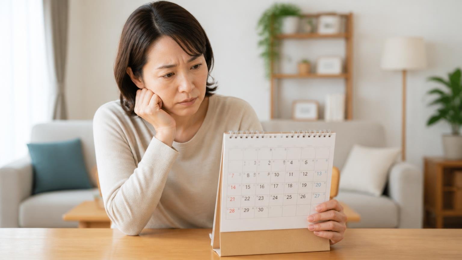 判定が早すぎないか効果が出るまでの期間 住宅のリビング 女性1人 カレンダーを見て考え込む