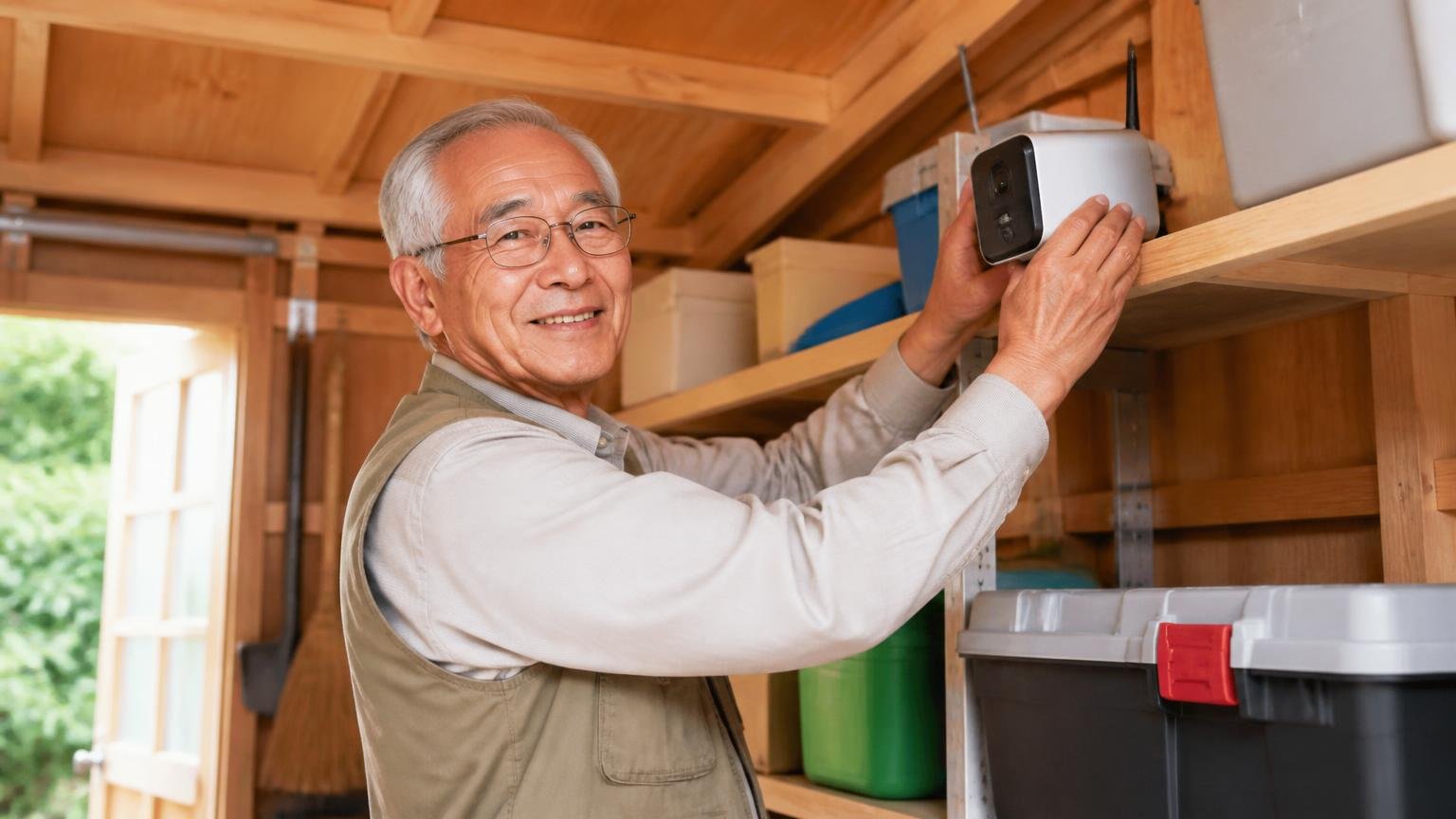 倉庫やガレージでの設置。庭の物置の中で棚の高い位置に機器を取り付ける70代男性が満足げ