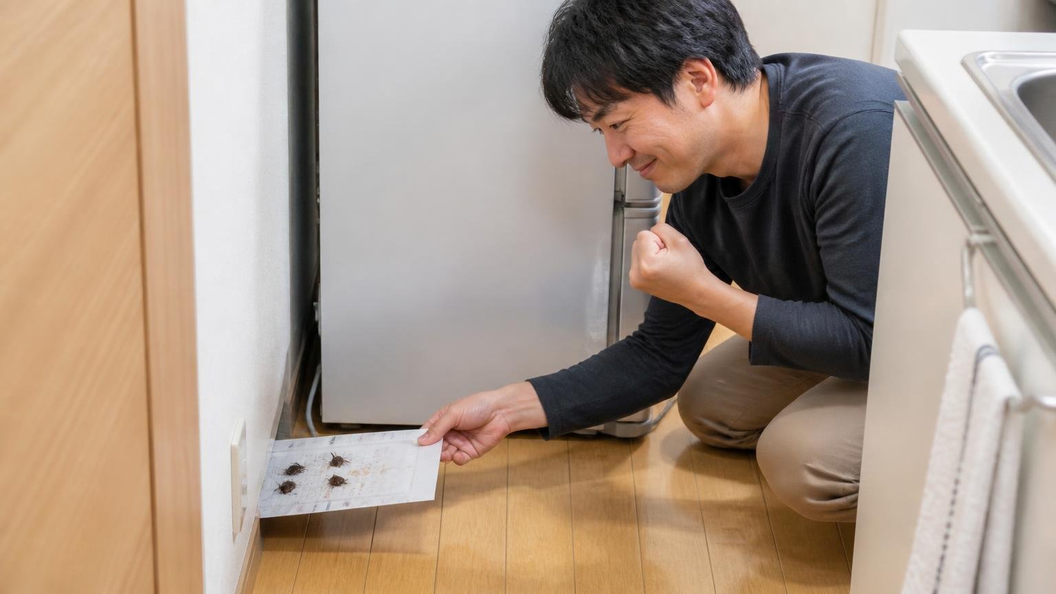 置き方を変えて捕れた例。住宅の台所で冷蔵庫の裏に粘着シートを差し込む男性1人が満足そうな表情