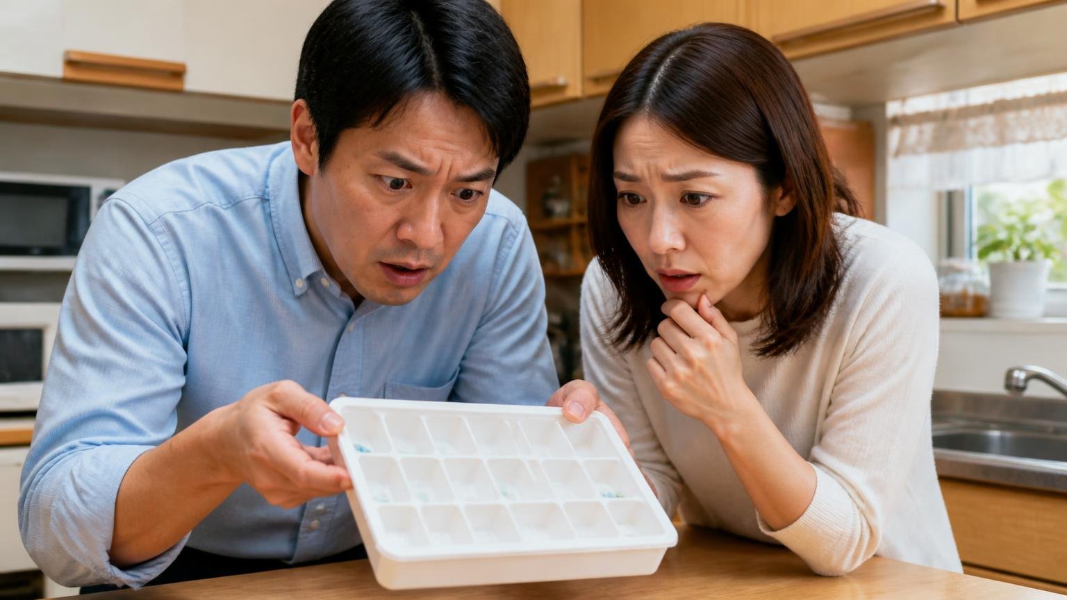 専門家が指摘する本当の壁は食べてもらえるかどうか、木造戸建ての台所で40代男性と30代女性が減らない薬剤トレーをのぞき込む