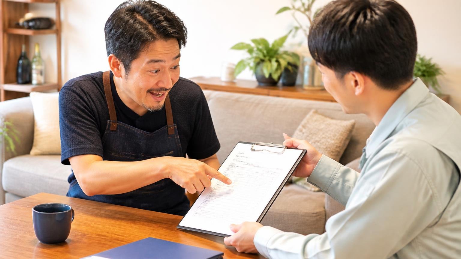 見積書を先に出してもらえたという声 リビングで作業員と打ち合わせ 店舗経営者1名 見積書を指さして納得の表情
