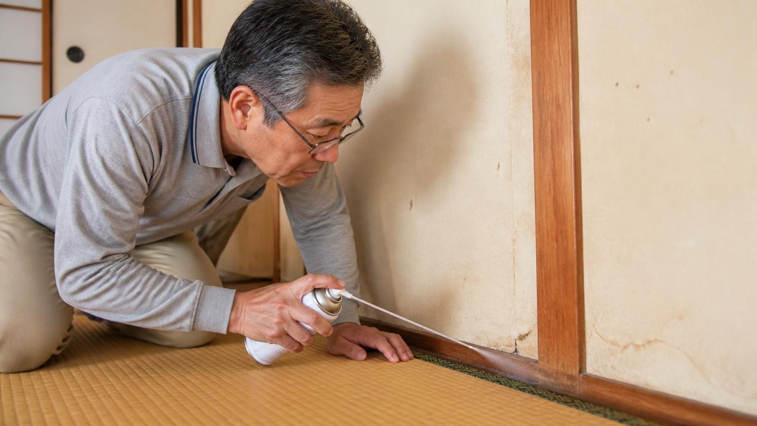 壁と畳のすき間にスプレーを噴射する場面 築古の和室の畳ぎわ 60代男性が身をかがめて狙いを定める