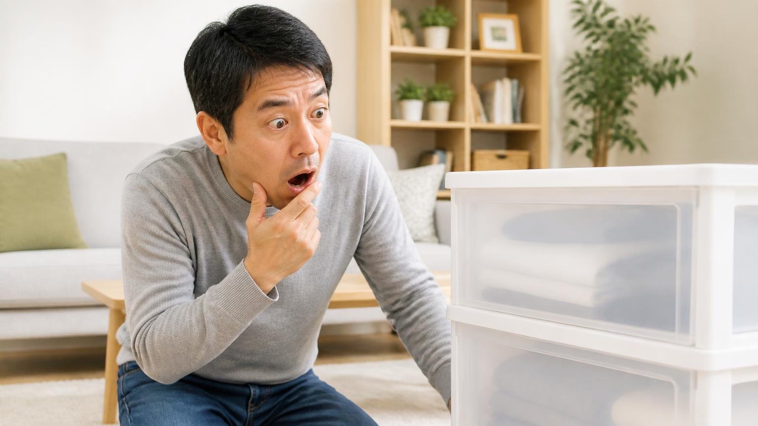 プラスチック製品の近くで使えないという盲点に気づく場面 住宅のリビングでプラスチック収納ケースを見る40代男性1人 はっとした表情