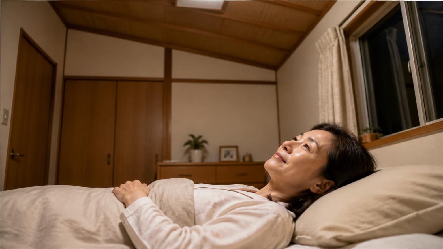 静かになった夜の寝室で天井を見上げる場面 木造戸建ての寝室 50代女性が安堵の表情で天井を見上げる