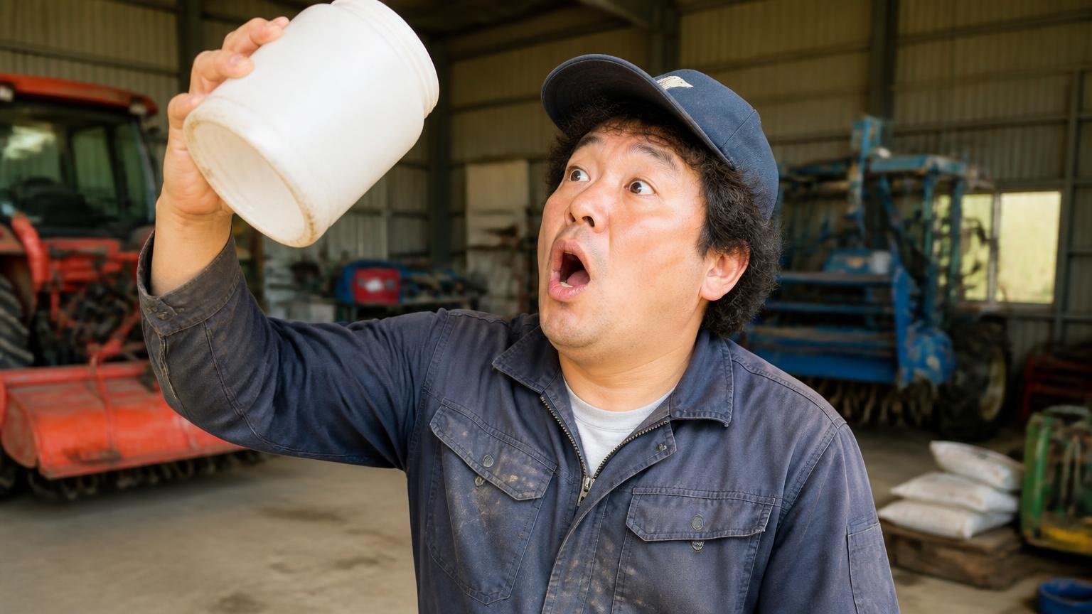 食いつきの良さを評価する声/農機具倉庫で作業着の男性1人が空になった容器を掲げて驚く