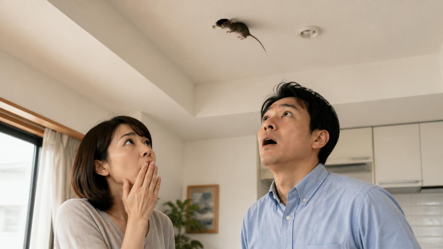 相手はクマネズミかもしれない。マンション上階の室内で天井を見上げる住人2人が驚いた表情