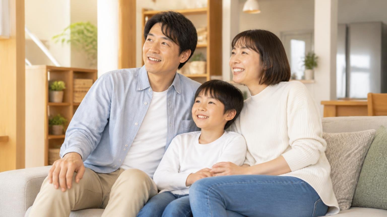 半年後や1年後も再発なしという追記。木造戸建てのリビングで家族3人が穏やかな表情でくつろいでいる