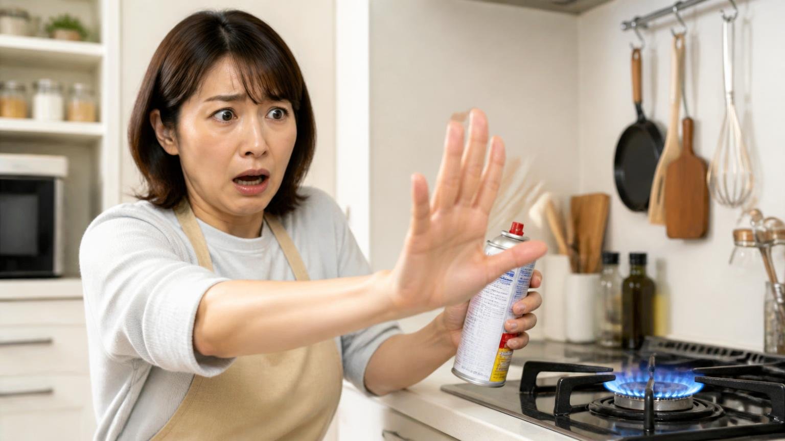 台所で使う怖さ、密閉空間と火気の話。ガスコンロのそばでスプレー缶を持つ手を止める30代女性
