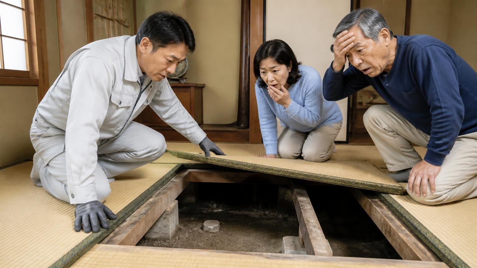 保証が付かないケースがある最長10年の落とし穴。築古の和室で畳を上げた床下をのぞき込む作業員と住人2人