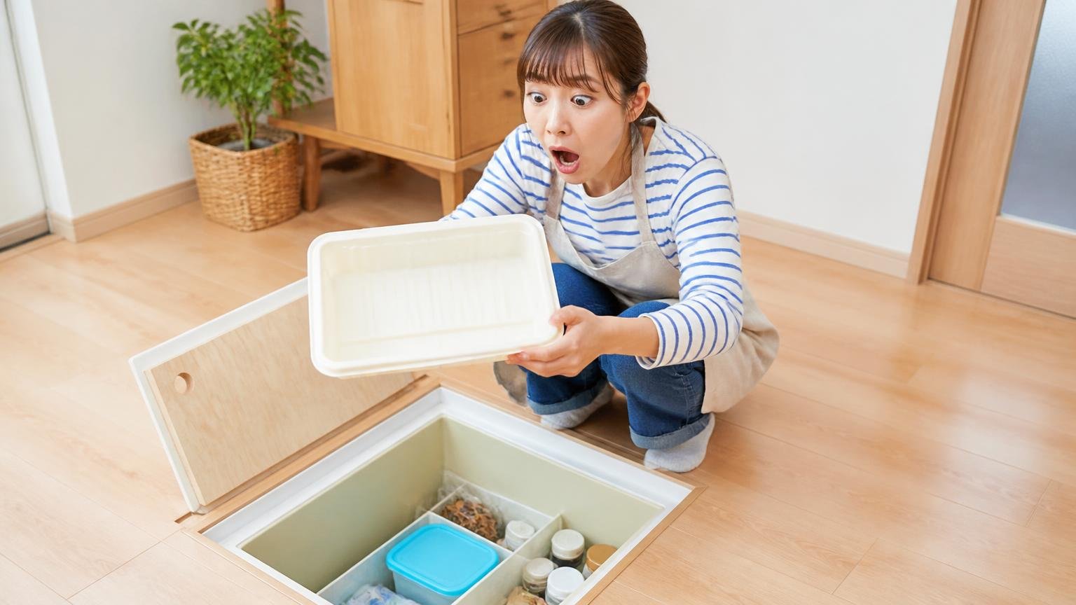 食べたのに減らないという声。木造住宅の床下収納を開けた床で女性1人が空のトレーを手に驚いた表情をしている