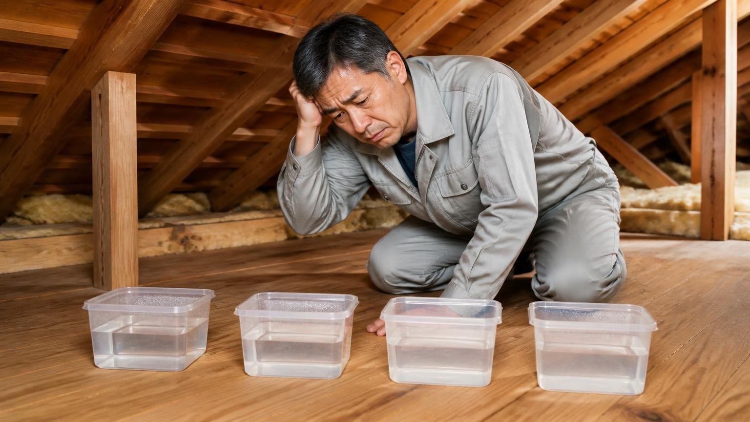 数を増やしても変わらない声 木造住宅の屋根裏で50代男性が容器を4つ並べ途方に暮れる
