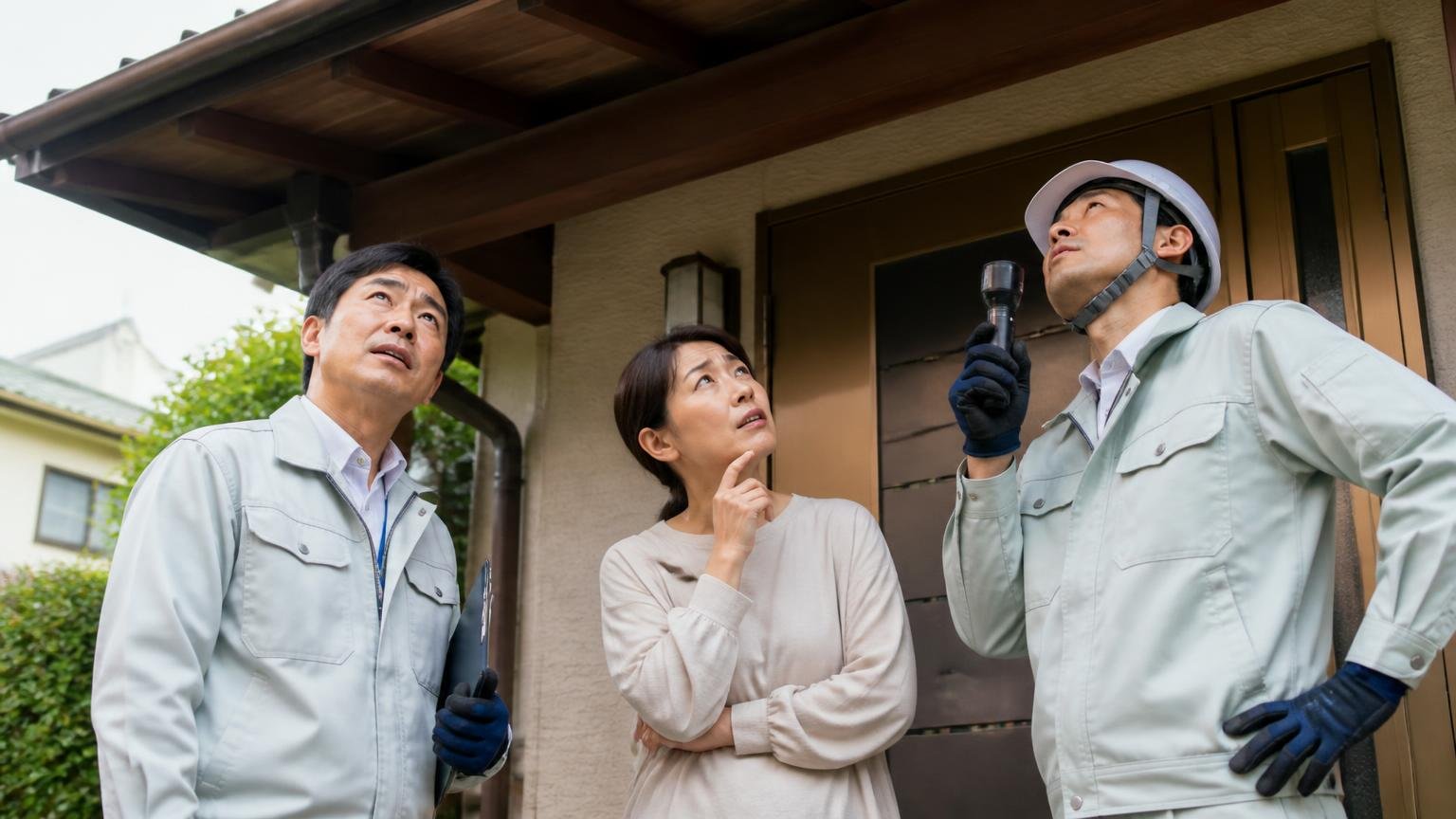 音だけで動物の種類を確定するのは難しい 木造戸建ての玄関前で軒下を見上げる 住人と調査員2人 首をかしげる