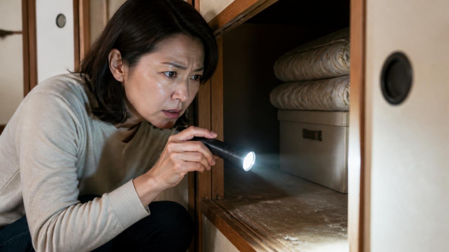 音以外の痕跡を探す。木造戸建ての押し入れの奥を懐中電灯で照らす40代女性1人が眉をひそめる