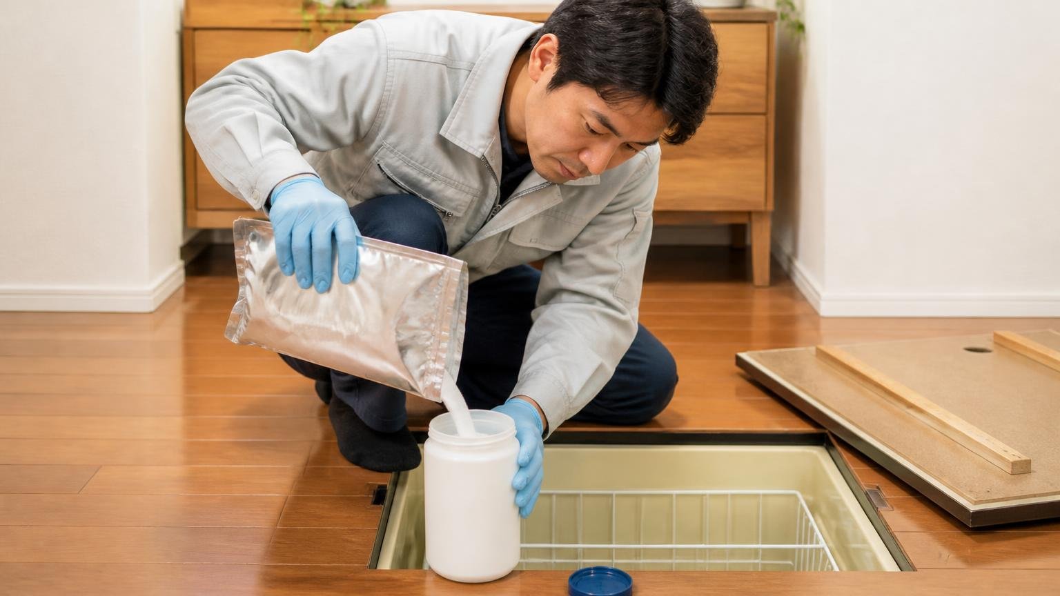 補充していない。住宅の床下収納のそばで空になった容器に薬剤を補充する男性
