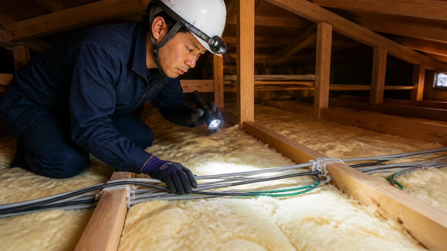 断熱材の中には電気の配線が通っている 木造戸建ての天井裏 作業員1人が配線を懐中電灯で照らし確認