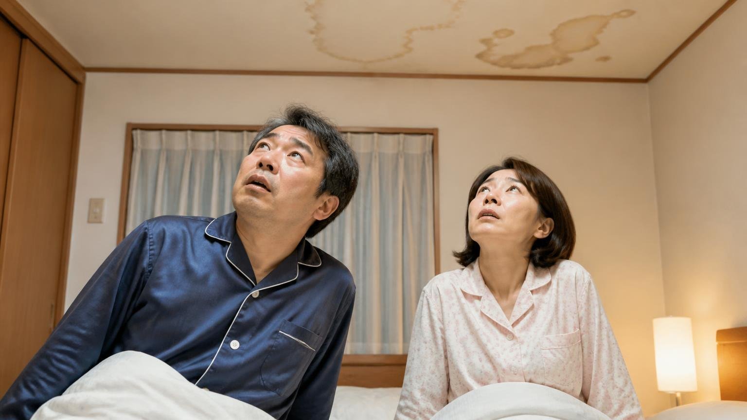 音がしていたのに家鳴りで片づけていないか。寝室で夫婦2人が天井を見上げ不安な表情