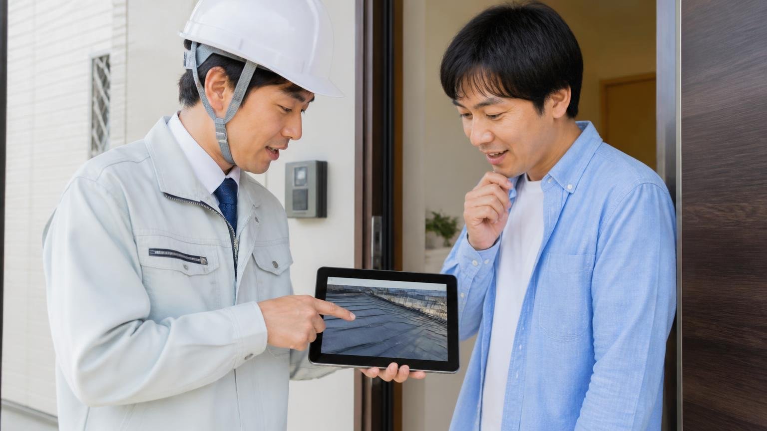 写真報告 玄関先で作業員と住人がタブレットの写真を見せて説明する