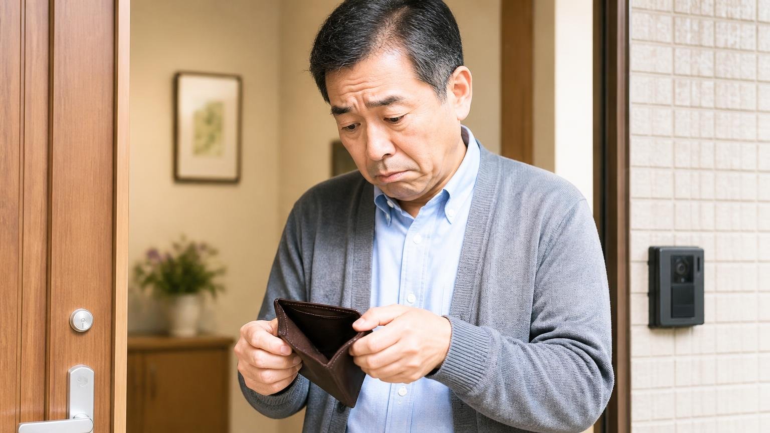現金払いができないという条件面の不満。玄関先で財布を手に困った表情を見せる50代男性1人