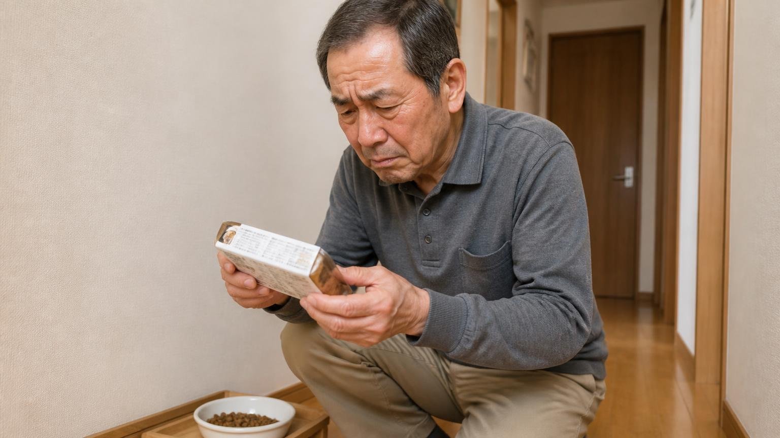 そのまま置いても食べないという声。住宅の廊下の隅でトレーの箱の説明書きを読む高齢男性1人が眉をひそめている