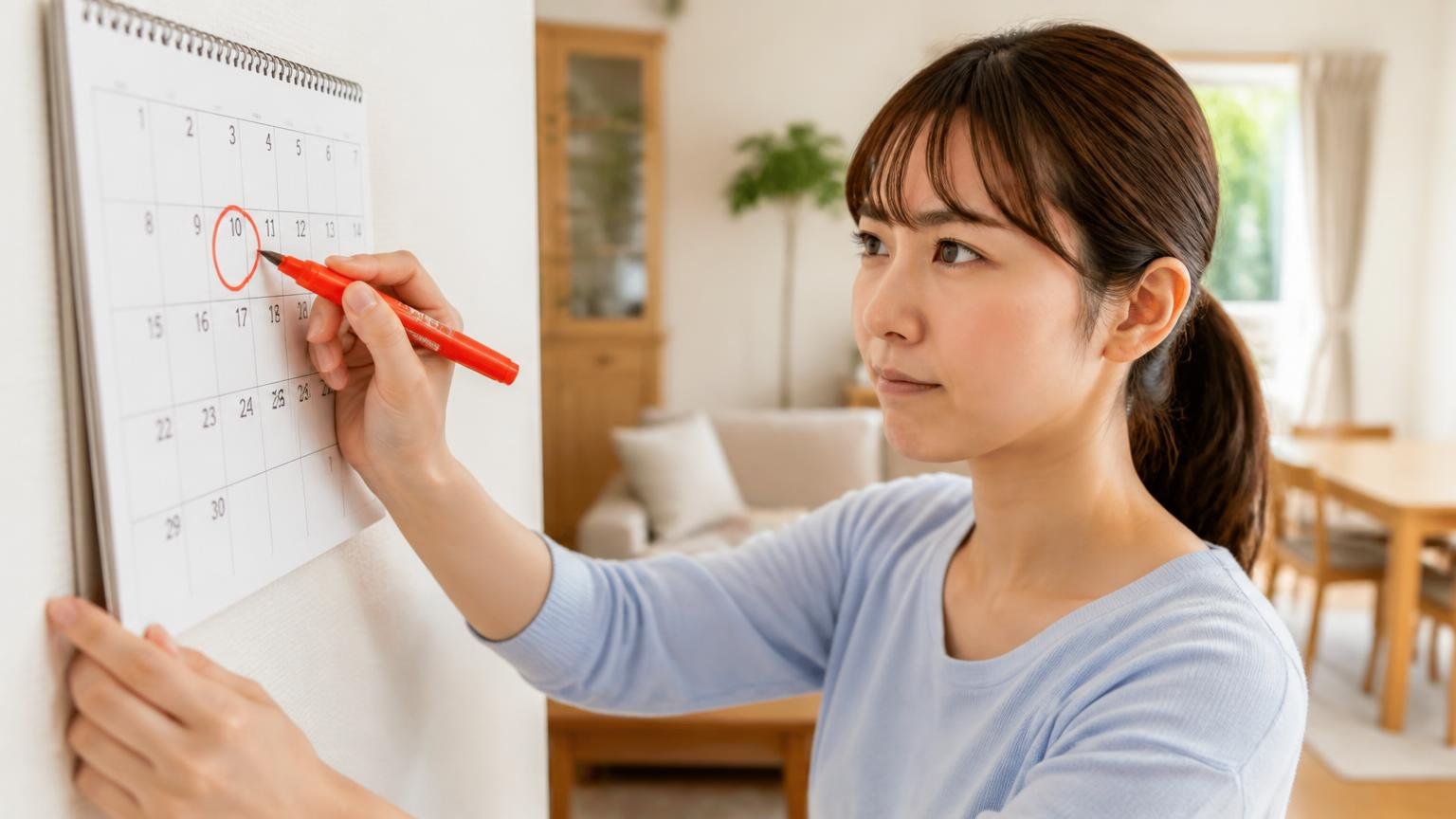 見切りの期限は1〜2週間、明るいリビングで壁掛けカレンダーに赤い印をつける女性1人が決意した表情
