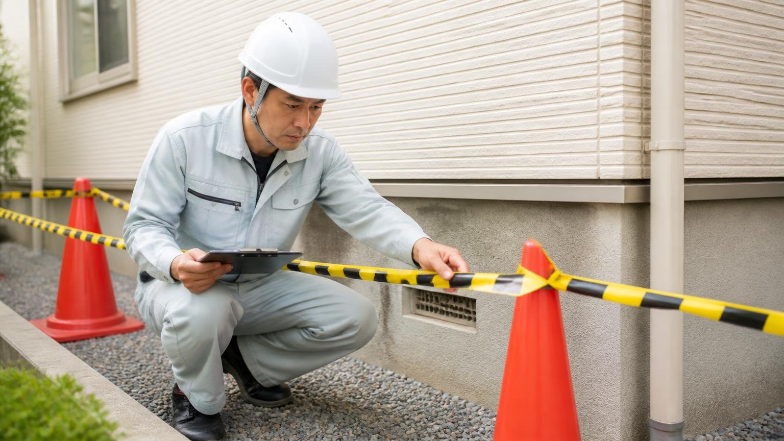 アフター対応 家の外壁まわりで作業員1人が封鎖箇所を再点検する