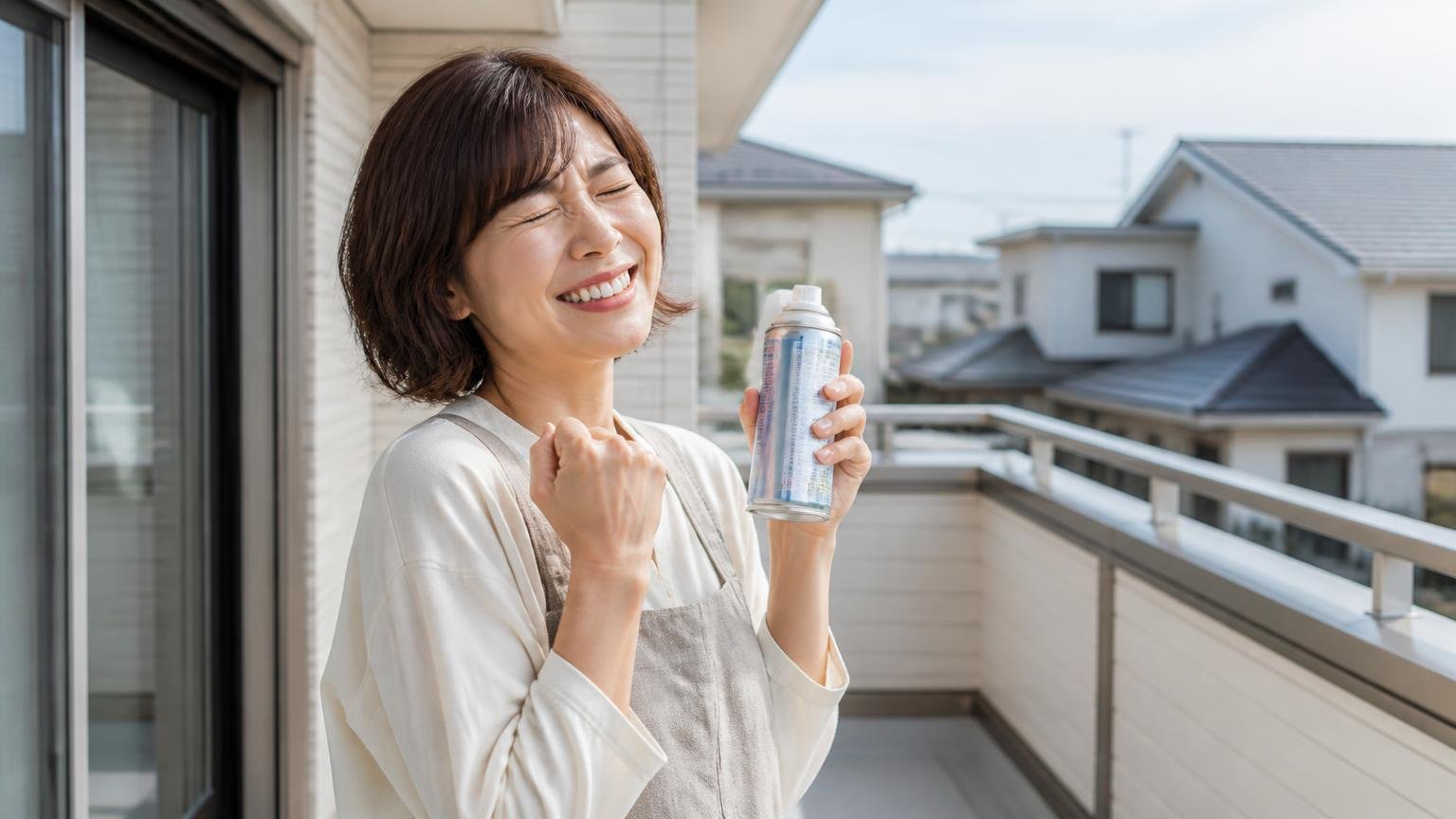 まだスプレーで足りると言われた人。戸建て2階のベランダで市販スプレーを手にした30代女性が安堵の笑顔