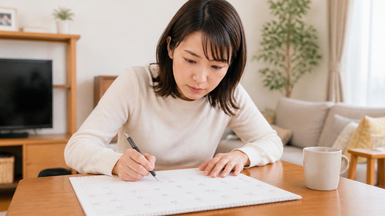 雨のあとと1〜2ヶ月ごとに入れ直す、リビングでカレンダーに予定を書き込む女性1人が真剣な表情