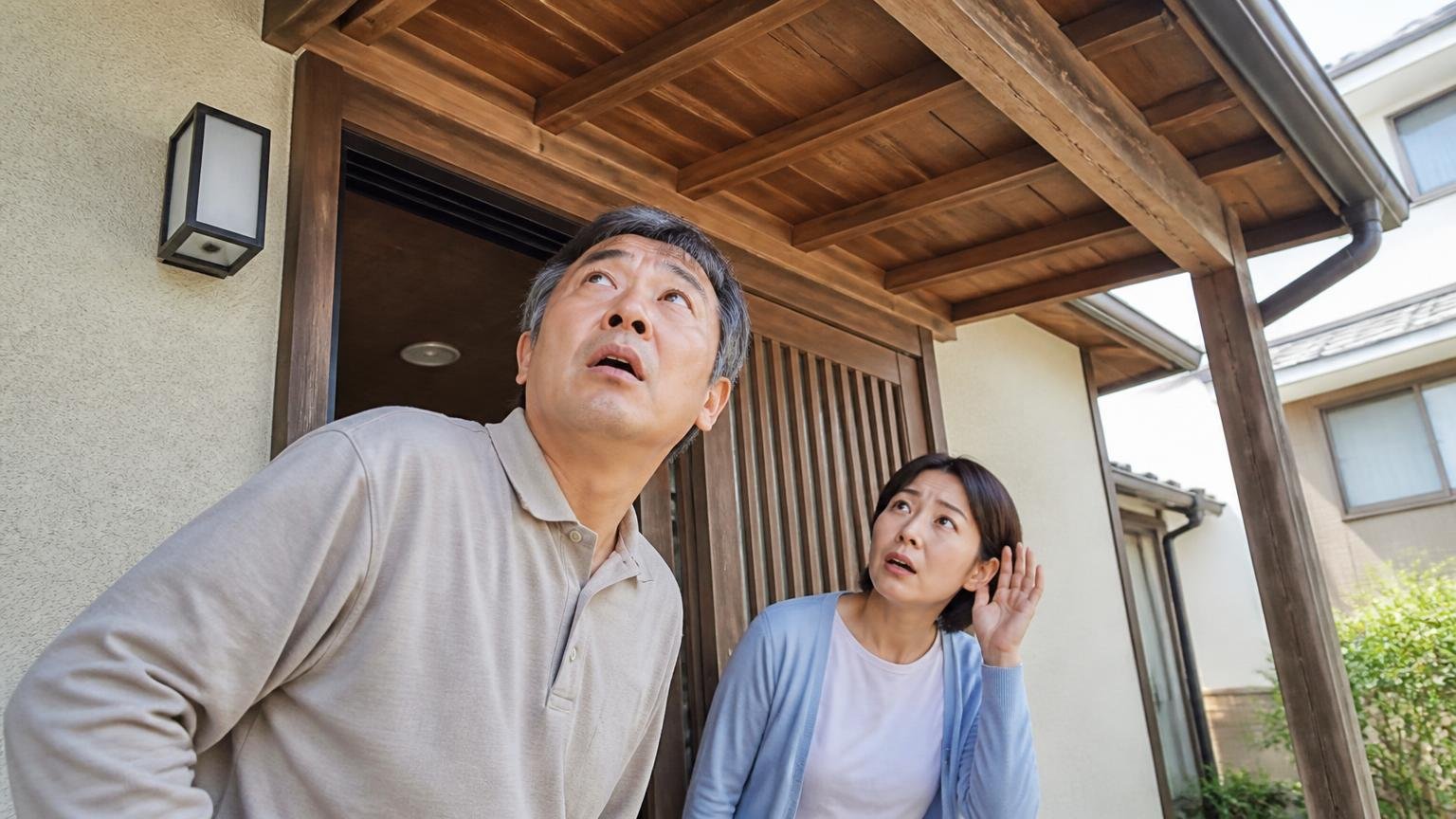 そもそも相手がネズミではない 木造戸建ての軒下を見上げる玄関前 住人2人 屋根裏の物音に耳を澄ませて驚く