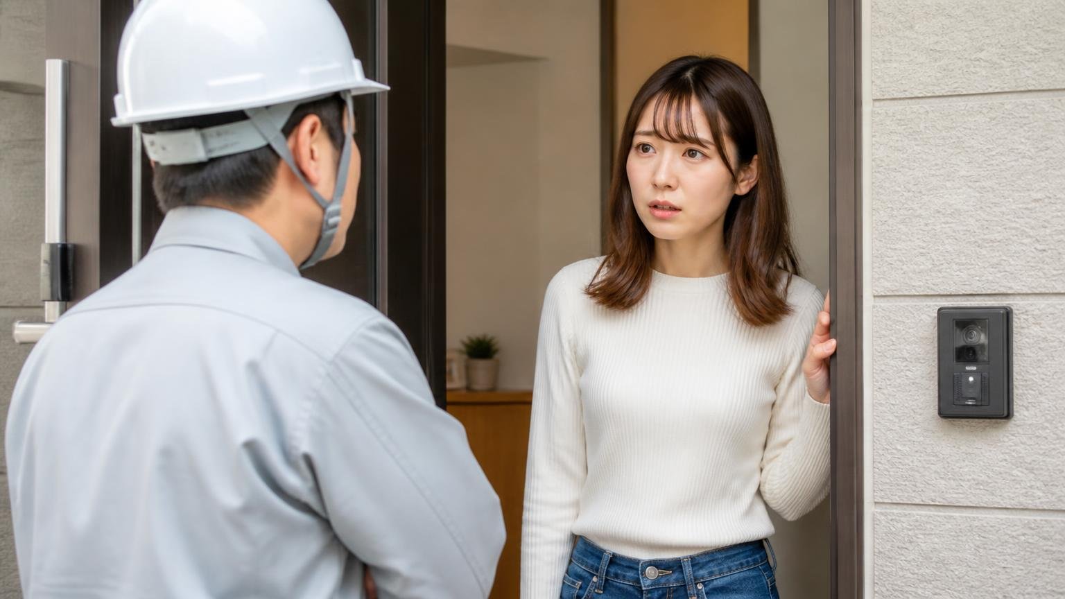 スタッフが無愛想だった。玄関先で作業員と向き合い戸惑った表情を浮かべる20代女性1人