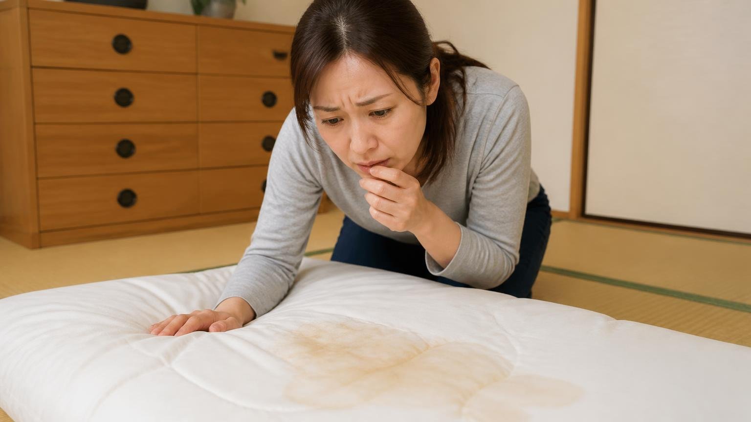 ふんが表面だけか尿のシミが中まで届いているか。和室で女性1人が敷布団のシミを凝視
