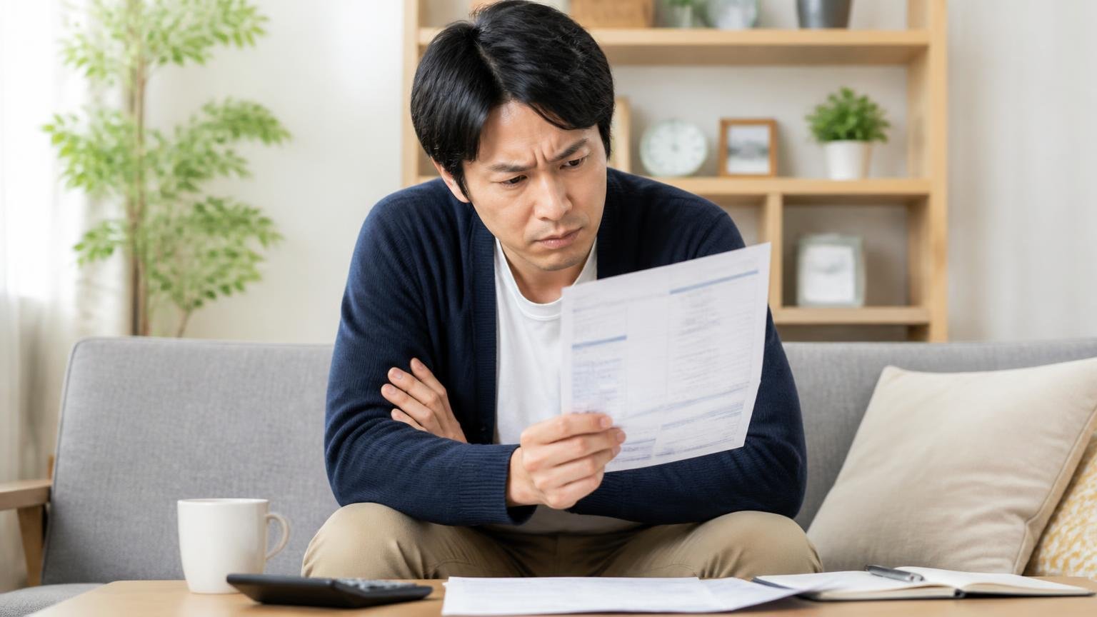 料金への不満 リビングで男性1人が請求書を見て腕を組み考え込む